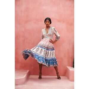 Mo Maya Peacock Flare Midi Dress NWT